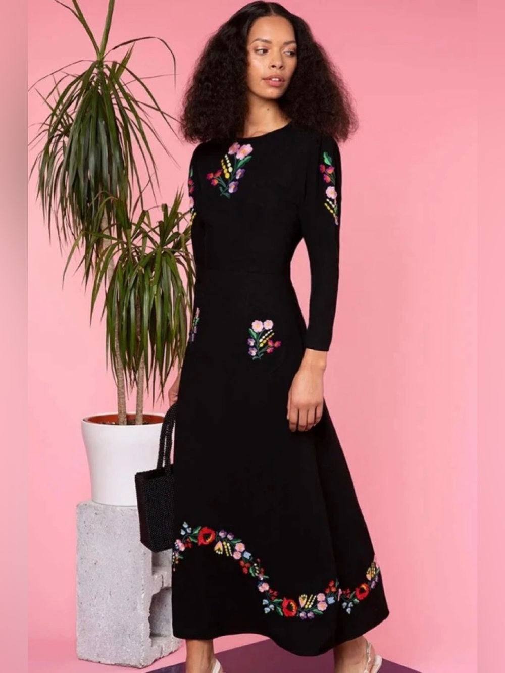 RIXO Sally Black Embroidered Dress